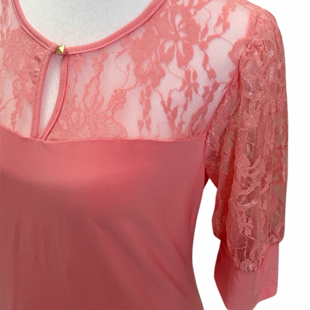 NWT NY Collection Lace Puff Sleeve Blouse Top Pink Romantic Petite Small PS - Picture 3 of 12